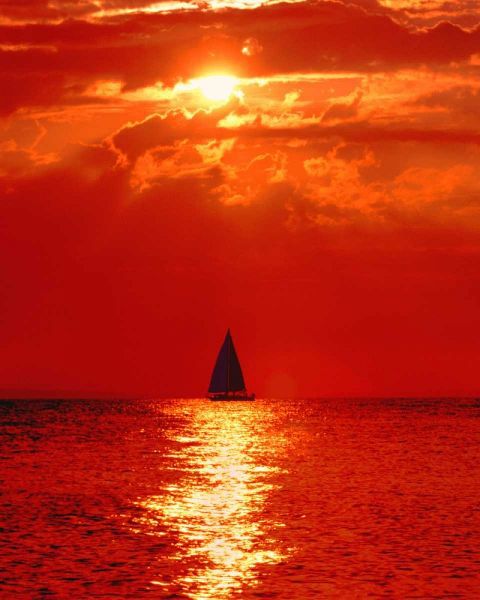 Michigan, Mackinaw, Lake Huron Sailboat at dawn